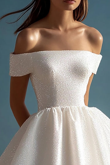 Robe de graduation à paillettes blanches scintillantes à épaules dénudées